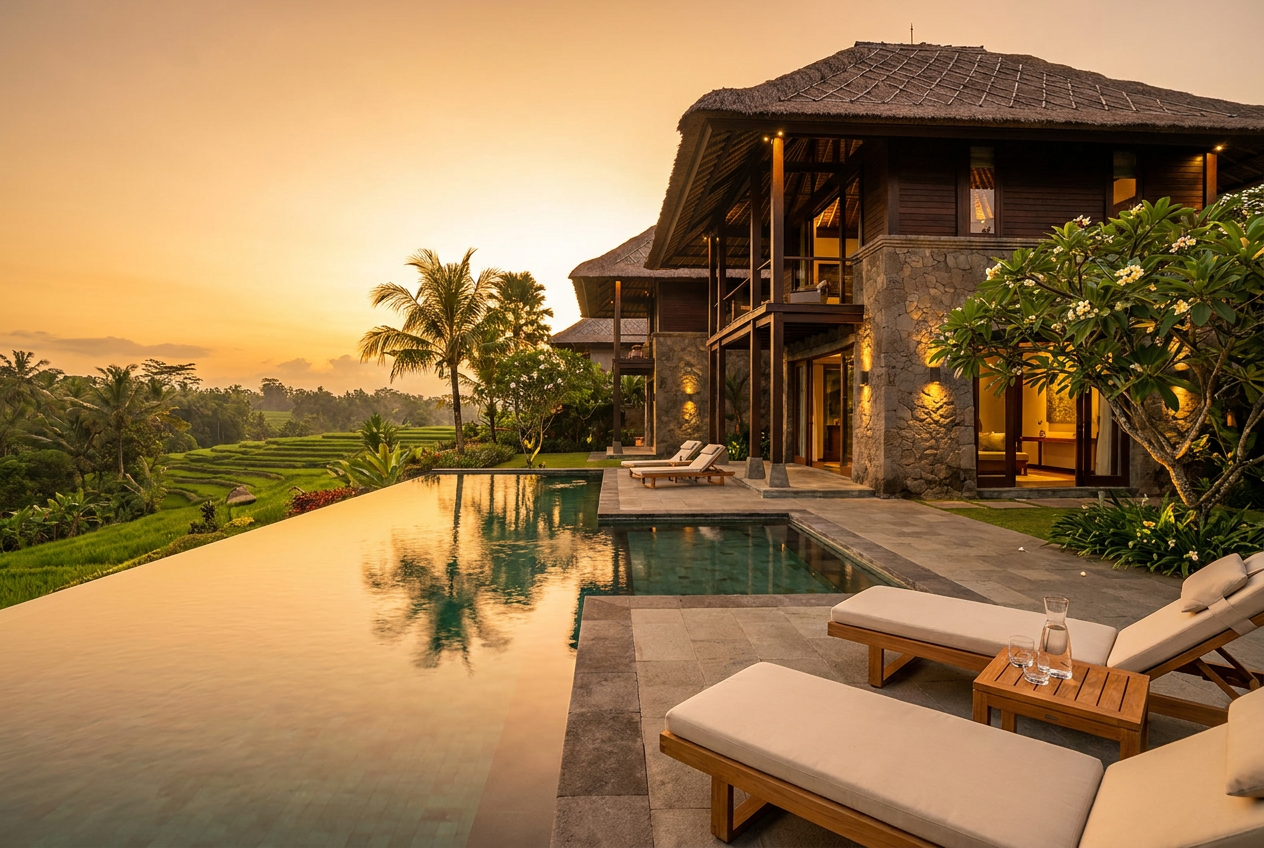 Modern luxury Bali villa with an infinity pool overlooking rice fields at golden hour
