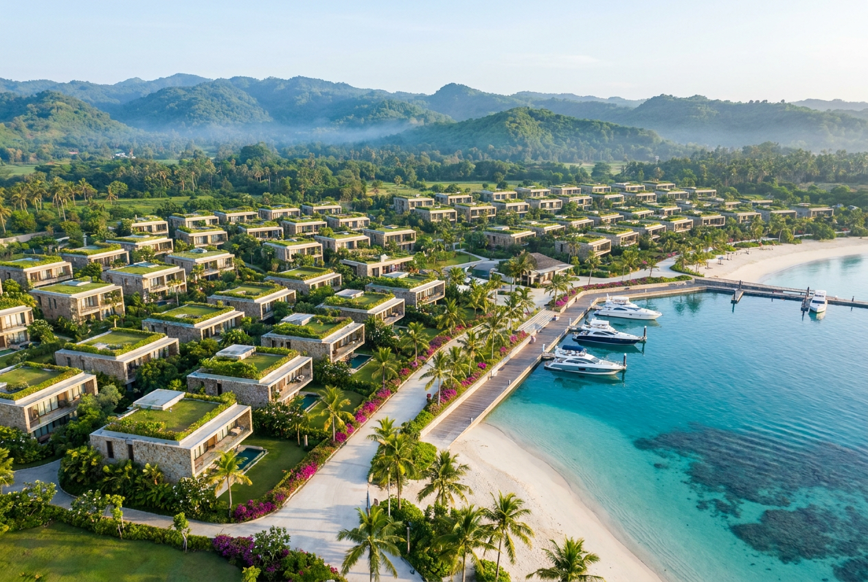 Aerial view of a turquoise South Lombok bay with a master-planned coastal town, villas, landscaped streets and tropical shoreline.