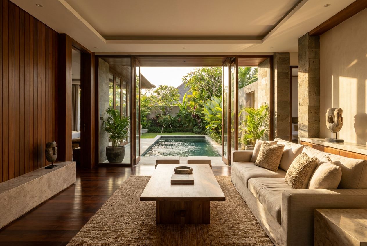 Elegant Bali resort villa interior opening onto a tropical garden and private pool